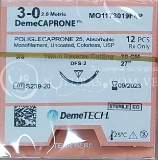 ( MO1173019F4P / Y427 ) DemeTECH Monocryl 3-0 Cort 19mm 3/8c 70cm Cx12 09/2023