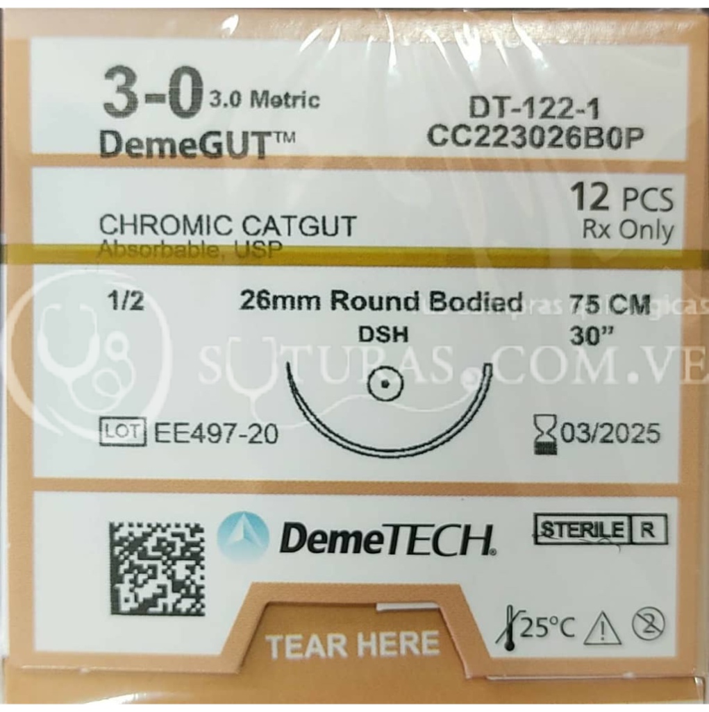 ( CC223026B0P / G122 ) DemeTECH Cromico 3-0 Conica 26mm 1/2c 75cm Cx12 03/2025