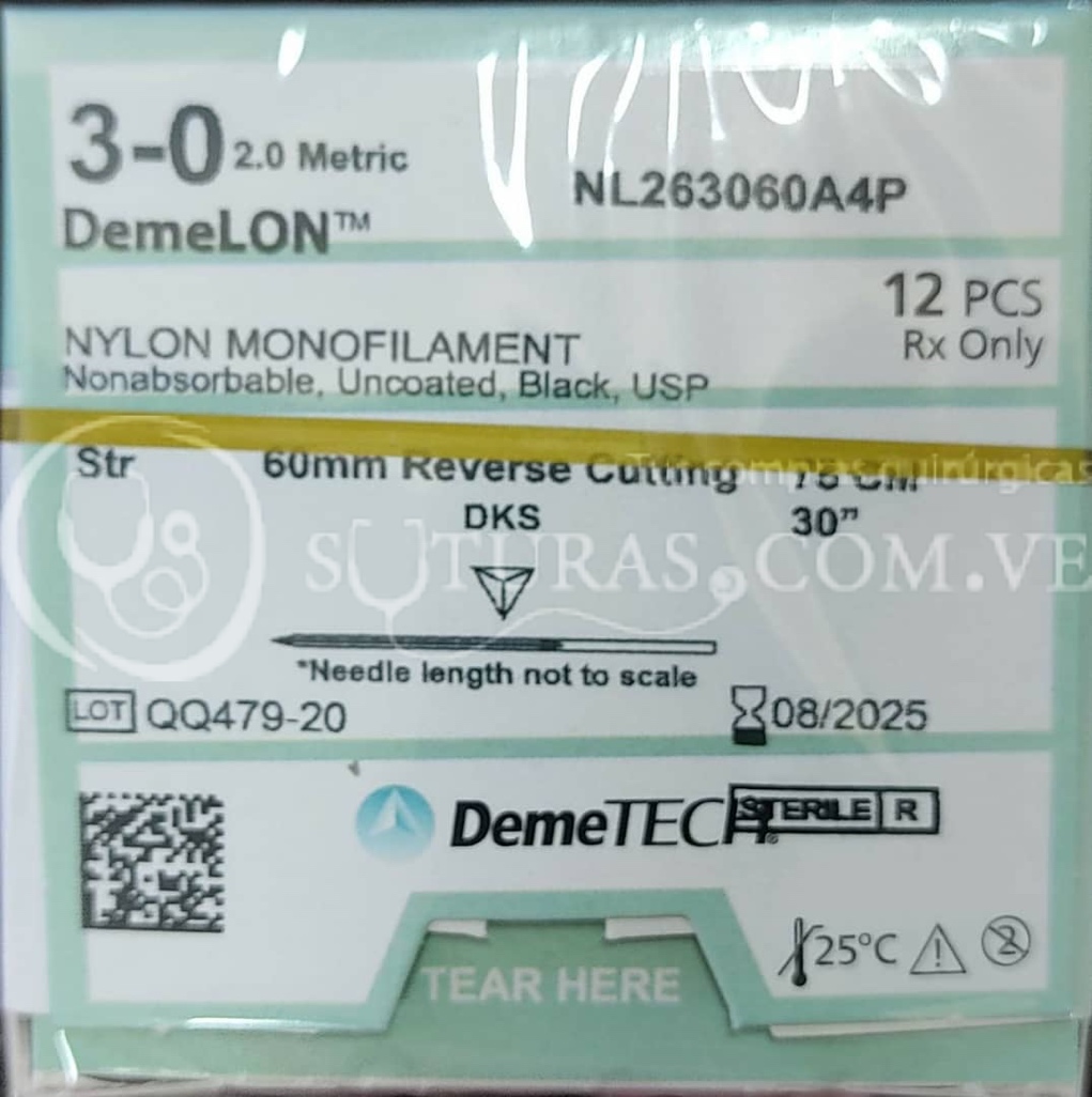 ( NL263060A4P / 627 ) DemeTECH Nylon 3-0 Recta 60mm . 75cm Cx12 08/2025