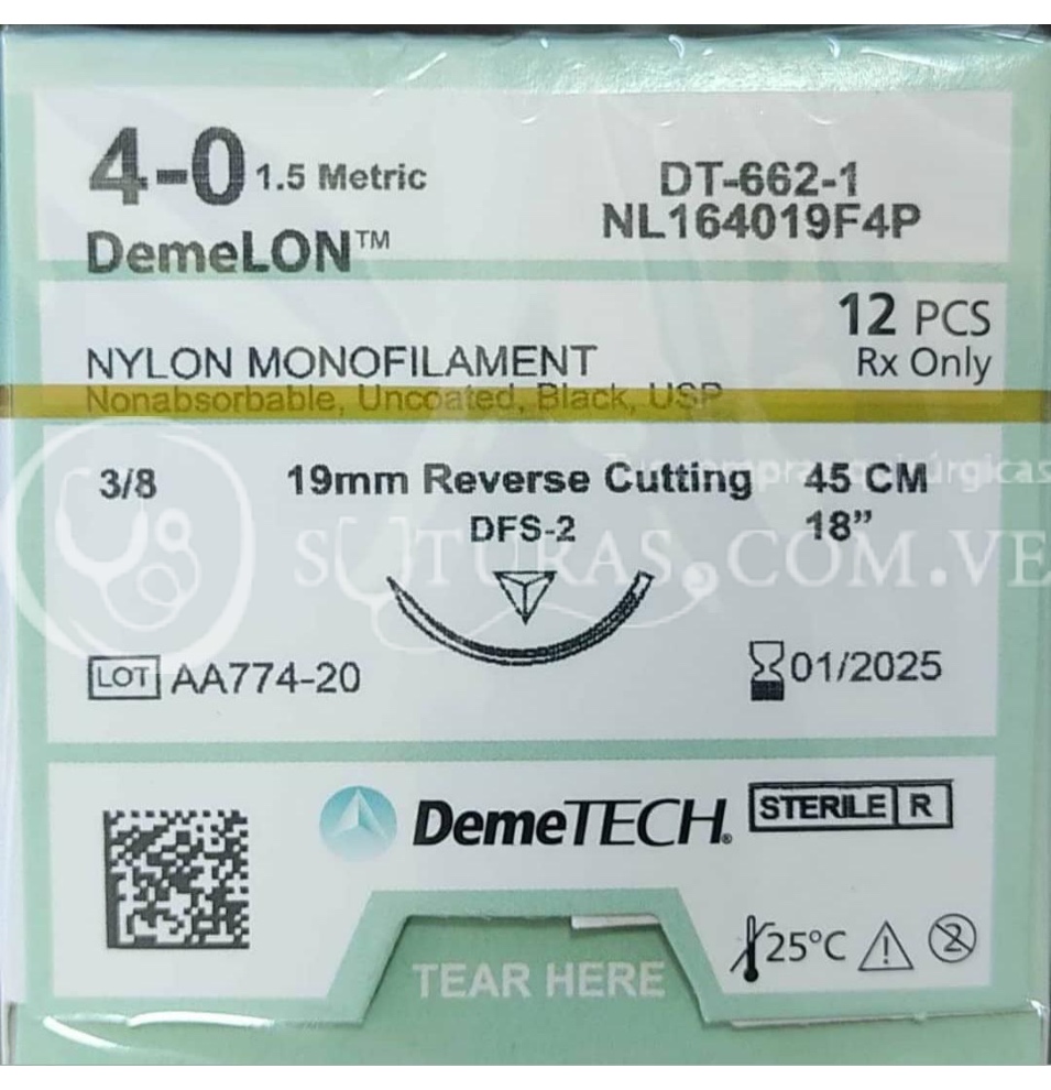 ( NL164019F4P / 14502 ) DemeTECH Nylon 4-0 Cort 19mm 3/8c 45cm Cx12 01/2025