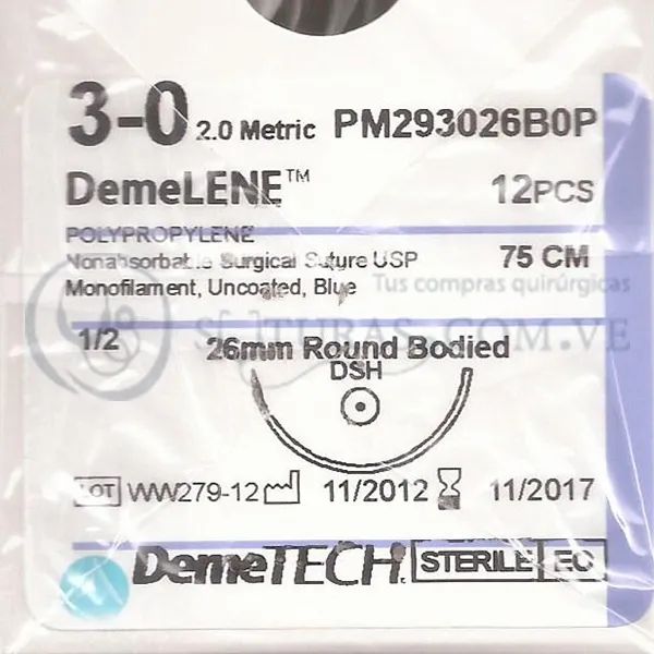 ( PM293026B0P / 8832 ) DemeTECH Poliprop 3-0 Conica 26mm 1/2c 75cm Cx12 VENCIDO