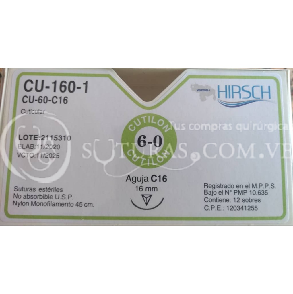( CU60C16 / 160 ) Hirsch nylon 6-0 Cort 16mm 3/8c 45cm Cx12 11/2025