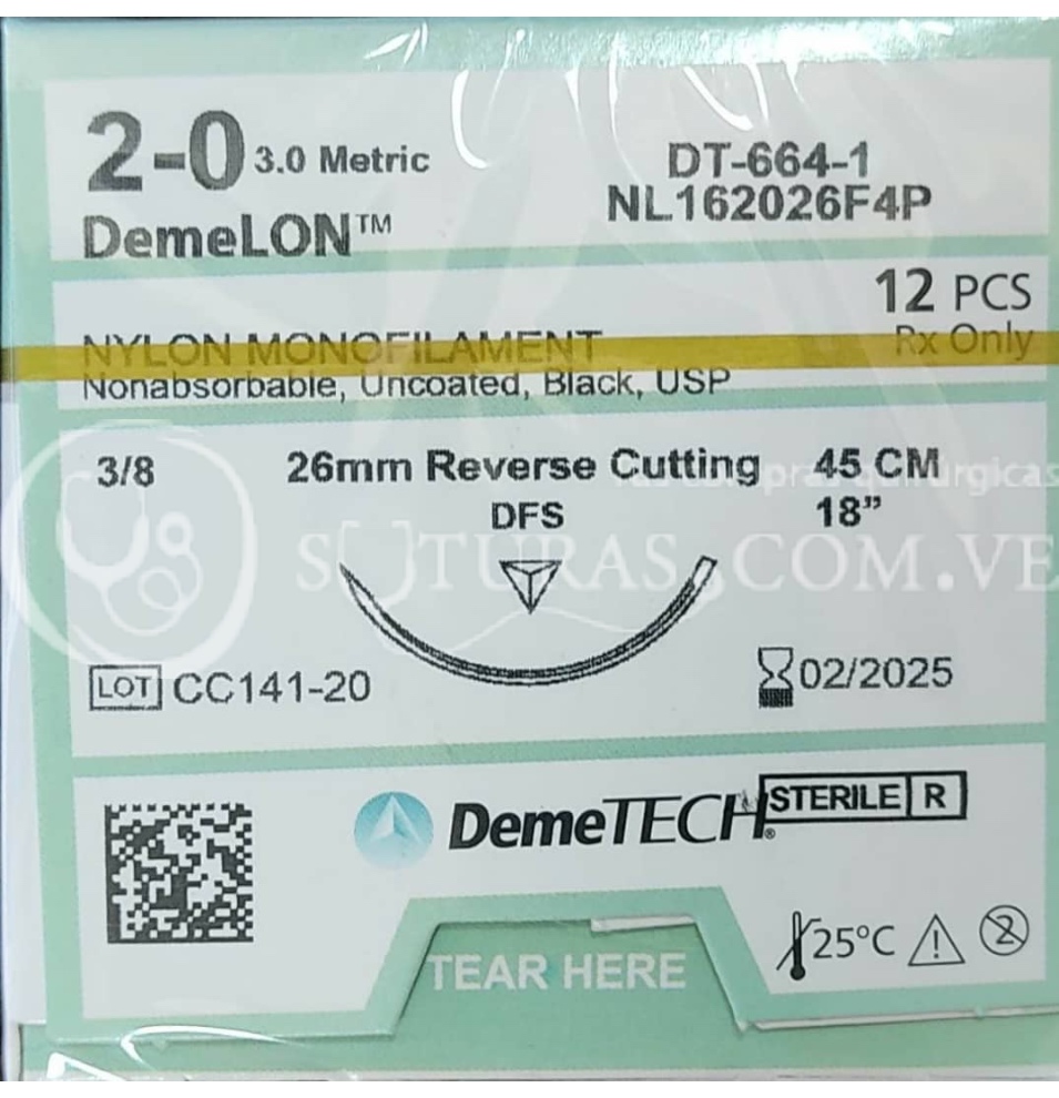 ( NL162026F4P / 164 ) DemeTECH Nylon 2-0 Cort 26mm 3/8c 45cm Cx12 02/2025