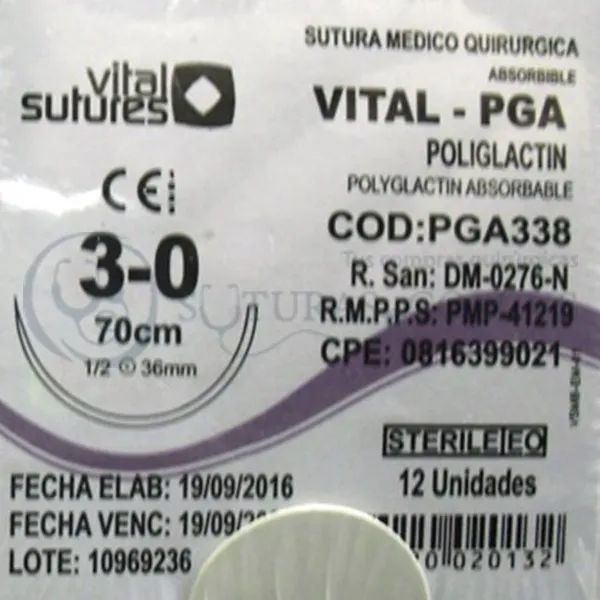 ( PGA338 / J338 ) Vital poliglact 3-0 Conica 36mm 1/2c 70cm Cx12 09/2021