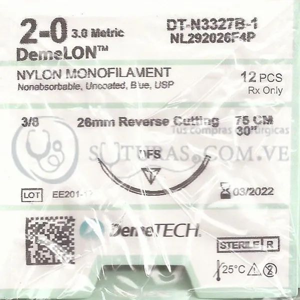 ( NL292026F4P / 164 ) DemeTECH Nylon 2-0 Cort 26mm 3/8c 75cm Cx12 03/2022
