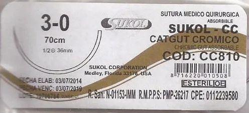 ( CC810 / 810 ) Sukol Cromico 3-0 Conica 36mm 1/2c 70cm UNIDAD VENCIDO