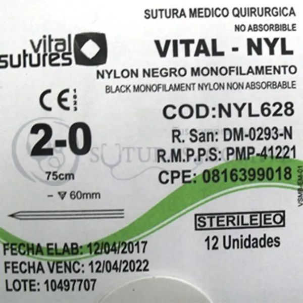 ( NYL628 / 628 ) Vital Nylon 2-0 Recta 60mm . 75cm Cx12 04/2022