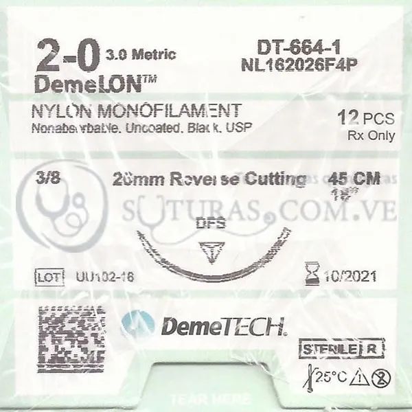 ( NL162026F4P / 164 ) DemeTECH Nylon 2-0 Cort 26mm 3/8c 45cm Cx12 VENCIDO