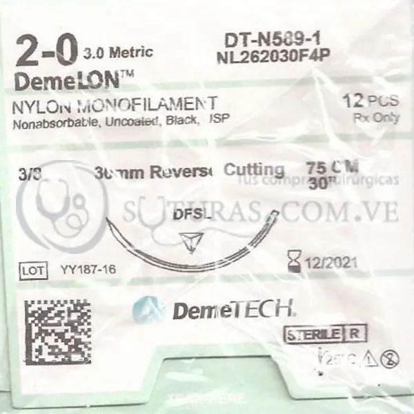 ( NL262030F4P / 1672 ) DemeTECH Nylon 2-0 Cort 30mm 3/8c 75cm Cx12 VENCIDO