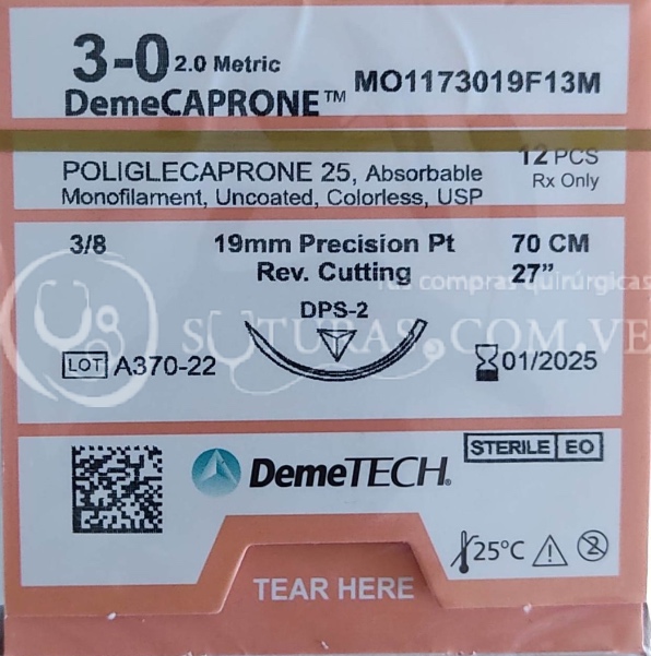 ( MO1173019F13M / Y427 ) DemeTECH Monocryl 3-0 Cort 19mm 3/8c 70cm Cx12 01/2025