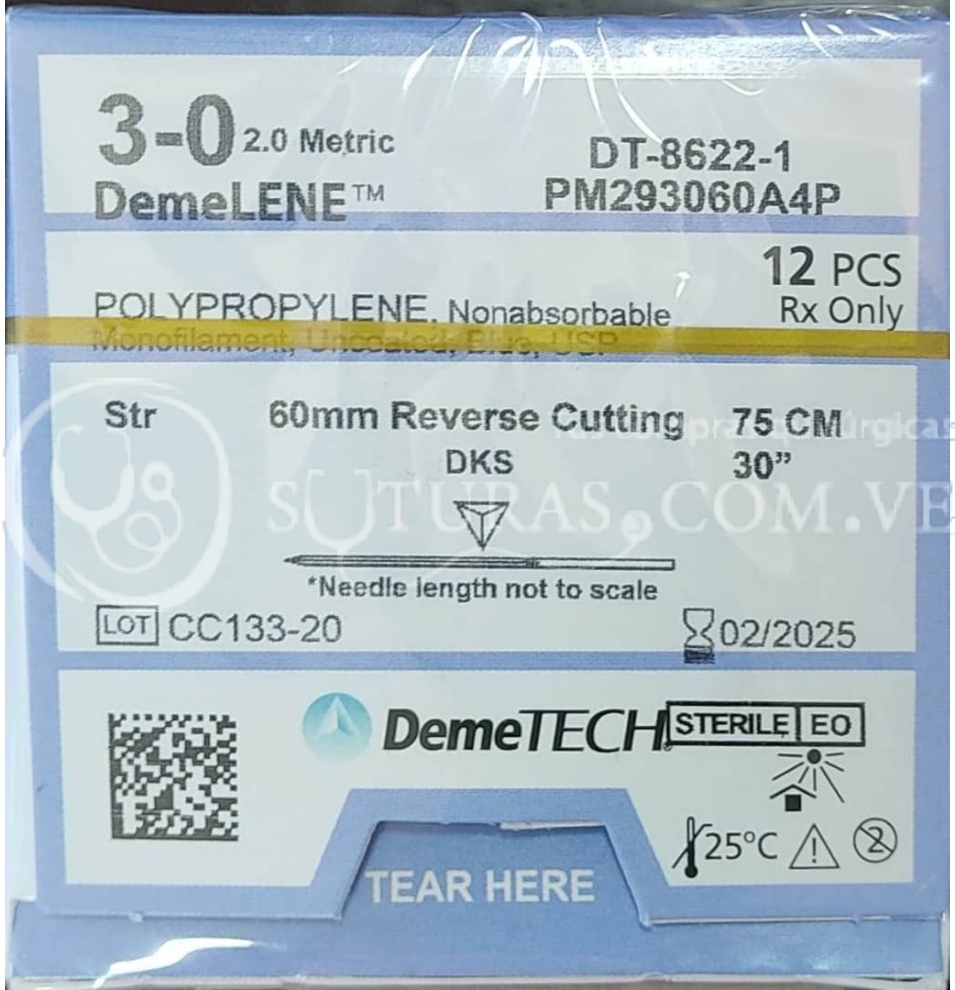 ( PM293060A4P / 8622 ) DemeTECH Poliprop 3-0 Recta 60mm . 75cm Cx12 02/2025
