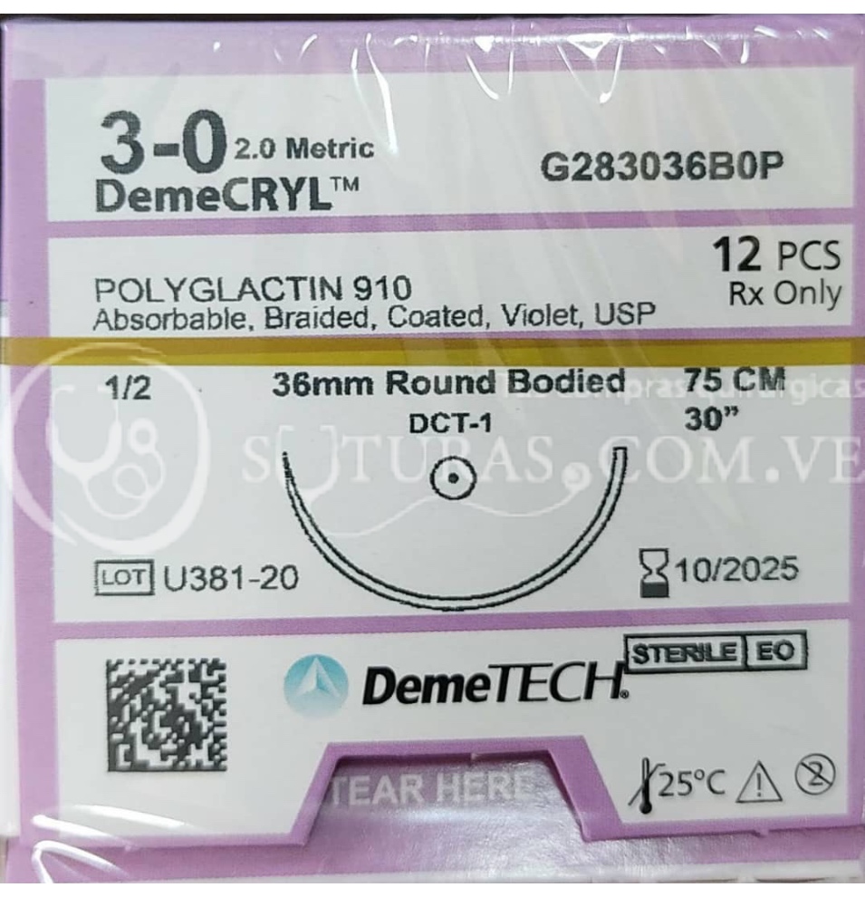 ✅  DemeTECH poliglact 3-0 Conica 36mm 1/2c 75cm Cx12