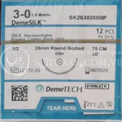 ✅  Sutura DemeTECH Seda 3-0 Conica 26mm 1/2c 75cm Cx12