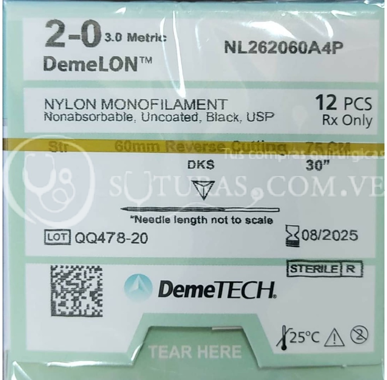 ✅  Suturas DemeTECH Nylon 2-0 Recta 60mm 75cm Cx12