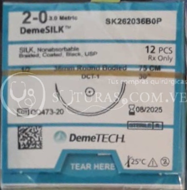 ✅  Sutura DemeTECH Seda 2-0 Conica 36mm 1/2c 75cm Cx12