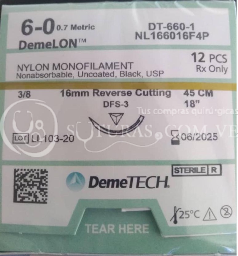 ( NL166016F4P / 160 ) DemeTECH Nylon 6-0 Cort 16mm 3/8c 45cm Cx12 06/2025