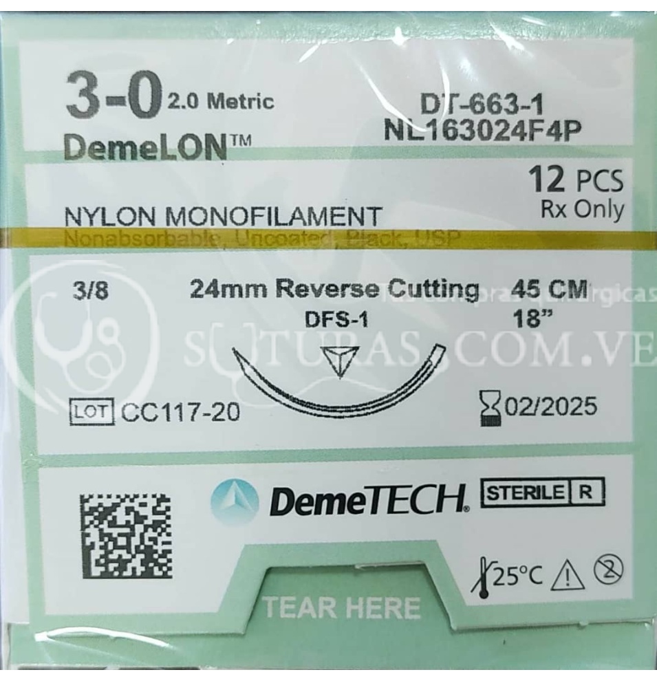 ( NL163024F4P / 163 ) DemeTECH Nylon 3-0 Cort 24mm 3/8c 45cm Cx12 02/2025