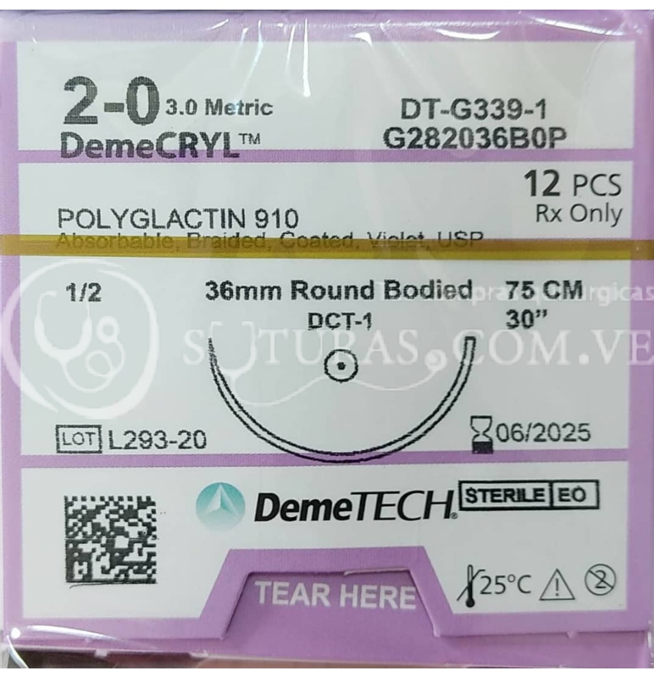 ( G282036B0P / J339 ) DemeTECH poliglact 2-0 Conica 36mm 1/2c 75cm Cx12 06/2025