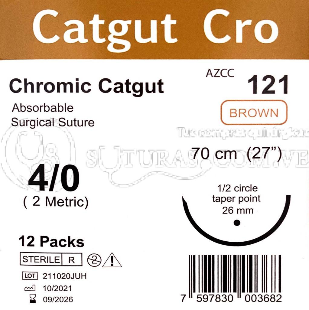 ( AZCC-121 / G121) Catgut Cro Cromico 4-0 Conica 26mm 1/2c 70cm Cx12 09/2026
