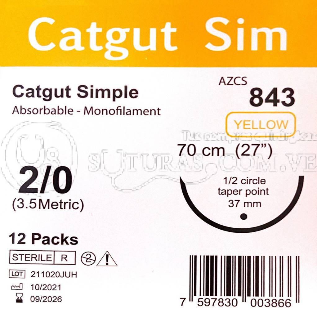 ( AZCS-843 / 843) Catgut Simple 2-0 Aguja 1/2c Conica 37mm 70cm Cx12 09/2026