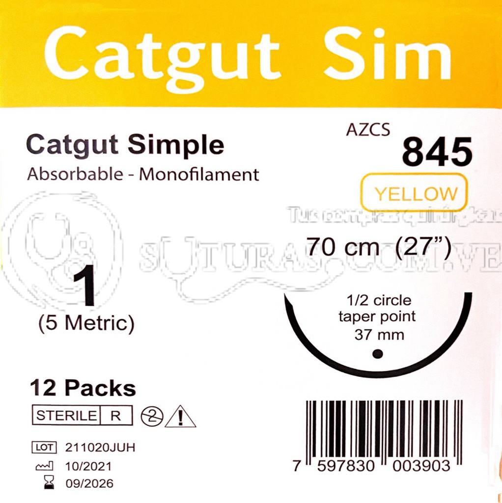 ( AZCS-845 / 845 ) Catgut Simple 1 Aguja 1/2c Conica 37mm 70cm Cx12 09/2026
