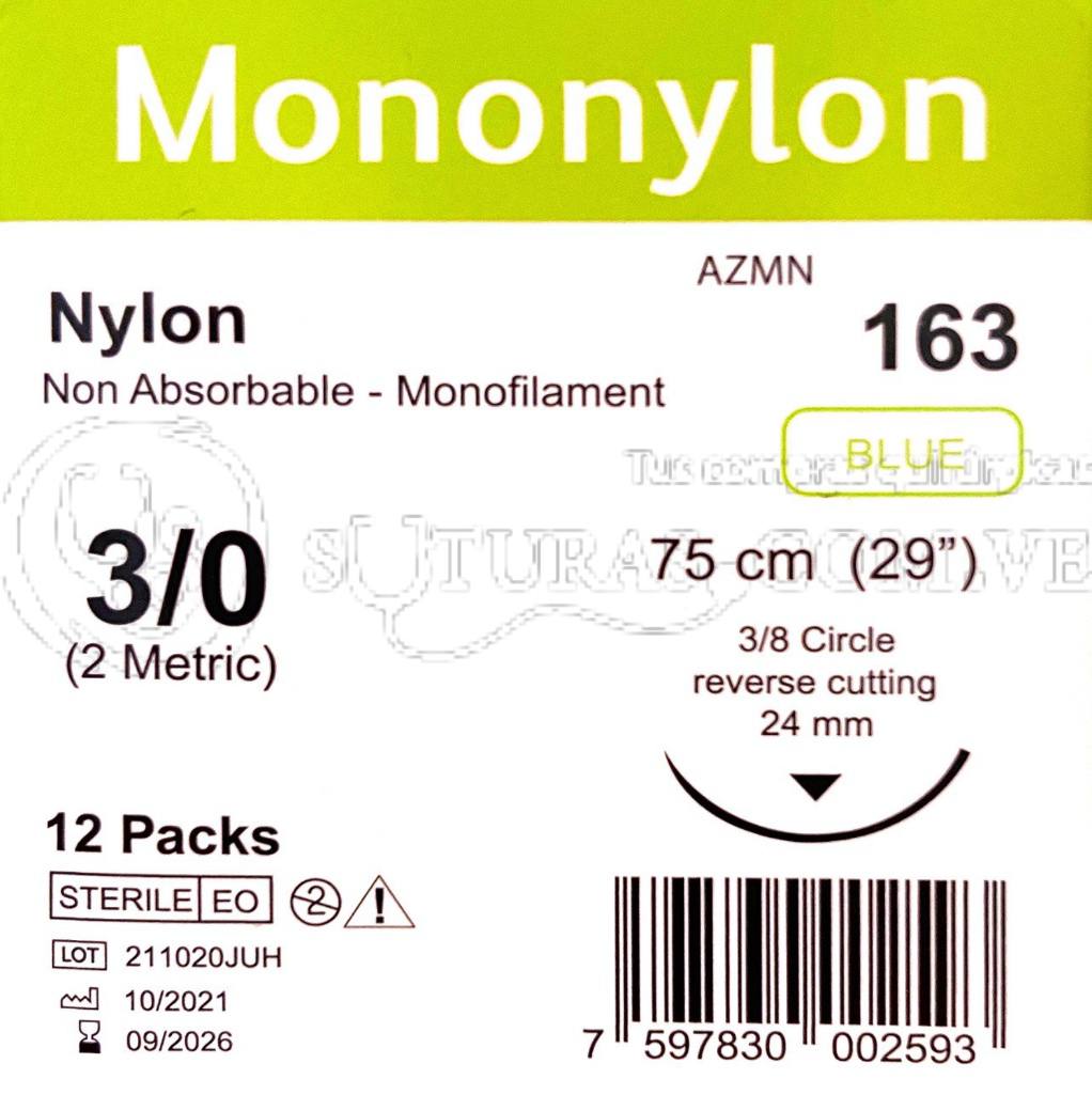 ( AZMN-163 / 163 ) Arizi Mononylon 3-0 Cort 24mm 3/8c 75cm Cx12  09/2026