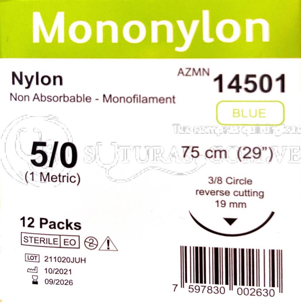 ( AZMN-14501 / 14501 ) Arizi Mononylon 5-0 Cort 19mm 3/8c 75cm Cx12 09/2026