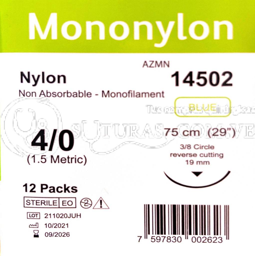 ( AZMN-14502 / 14502 ) Arizi Mononylon 4-0 Cort 19mm 3/8c 75cm Cx12 09/2026