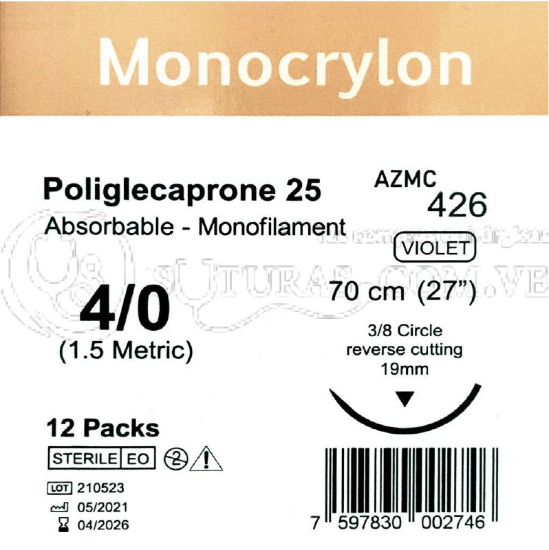 ( AZMC-426 / 426 ) Arizi Monocrylon 4-0 Cort 19mm 3/8c 70cm Cx12 04/2026