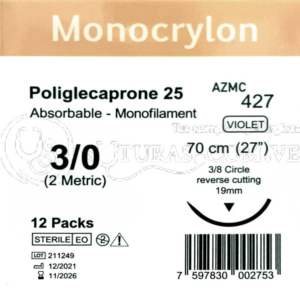 ( AZMC-427 / 427 ) Arizi Monocrylon 3-0 Cort 19mm 3/8c 70cm Cx12 11/2026