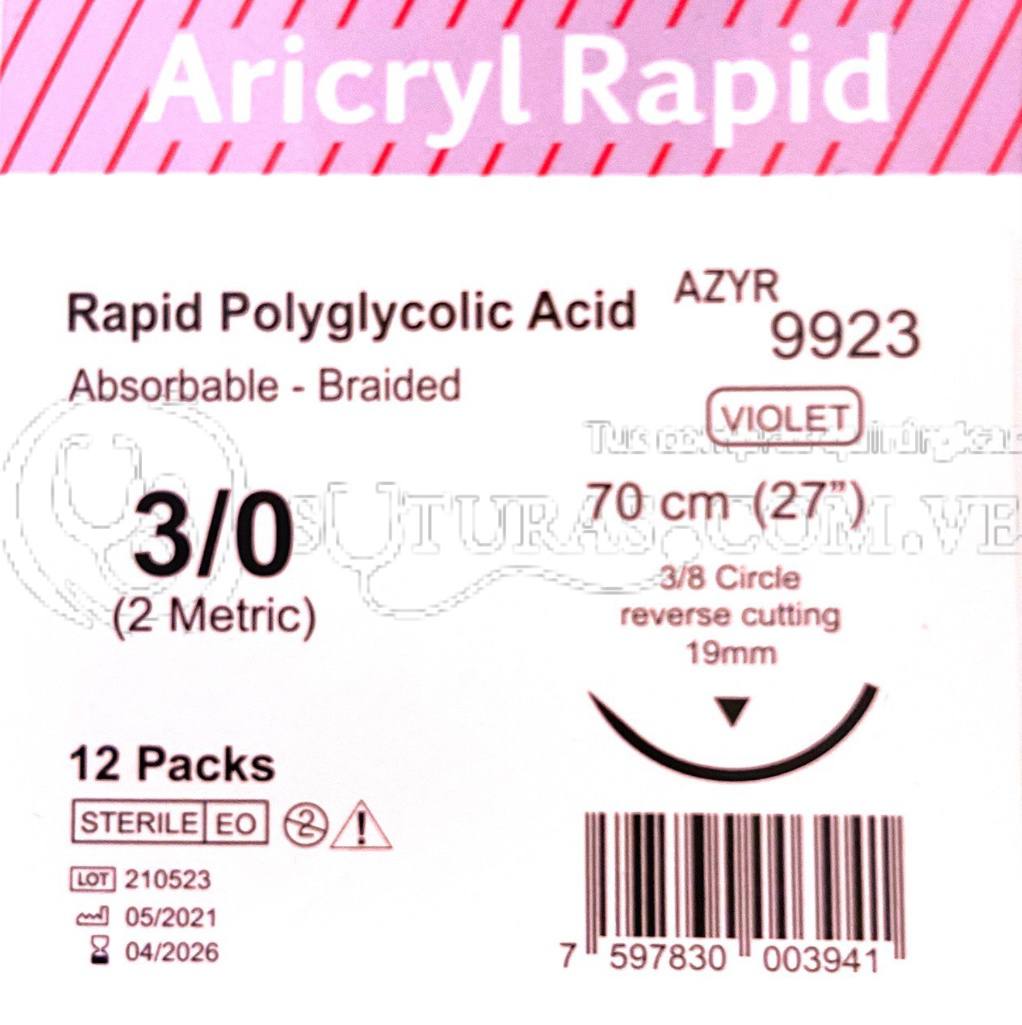 ( AZYR9923 / 9923 ) Aricryl Rapid 3-0 Cort 19mm 3/8c PS 70cm Cx12 04/2026