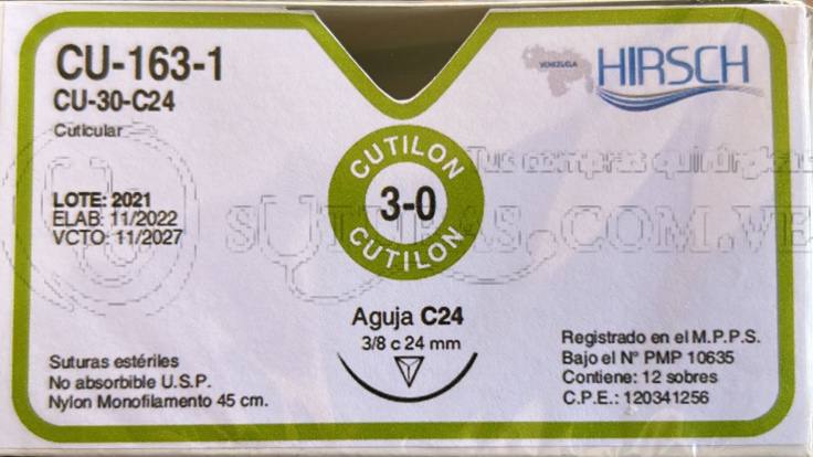 ( CU30C24 / 163 ) Hirsch nylon 3-0 Cort 24mm 3/8c 45cm Cx12 11/2027