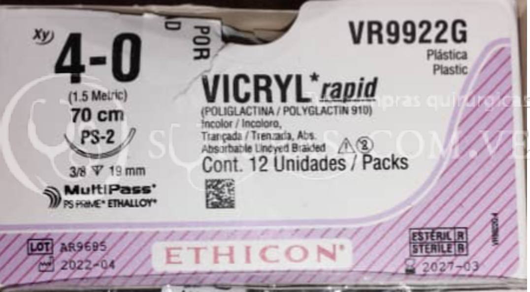 ( VR9922G / 9922 ) Ethicon Vicryl Rapid 4-0 Cort 19mm PS 3/8c 70cm Cx12 03/2027