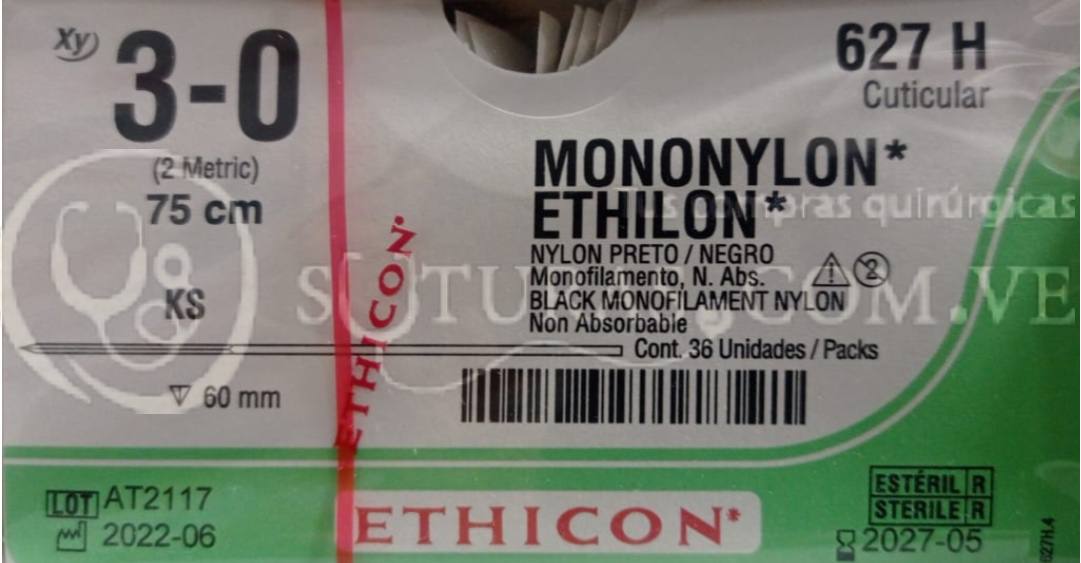 ( 627H / 627 ) Ethilon Nylon 3-0 Recta 60mm 75cm Cx36 05/2027